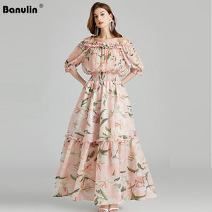 Runway Summer Vacation Dress Women Elegant Slash Neck Off Shoulder Tulip Floral Print Bohemian Lady Long Maxi Dress N7397