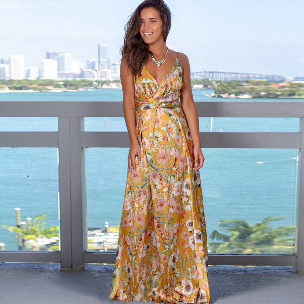 Floral Maxi Dresses for Women Summer 2021 Green V Neck Sleeveless Casual Halter Sundresses Women Party Beach Sexy Dress