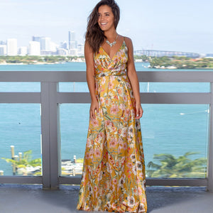 Floral Maxi Dresses for Women Summer 2021 Green V Neck Sleeveless Casual Halter Sundresses Women Party Beach Sexy Dress