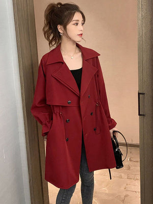 Trench coat women's long section small Korean version loose loose net red suit collar waist casual retro