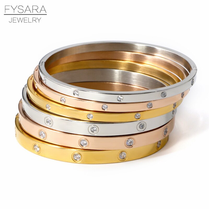 FYSARA Luxury Brand Crystals Lover Bangles Cubic Zirconia Bracelets Couple Luxuxy Jewelry Stainless Steel Bangles For Women Gift
