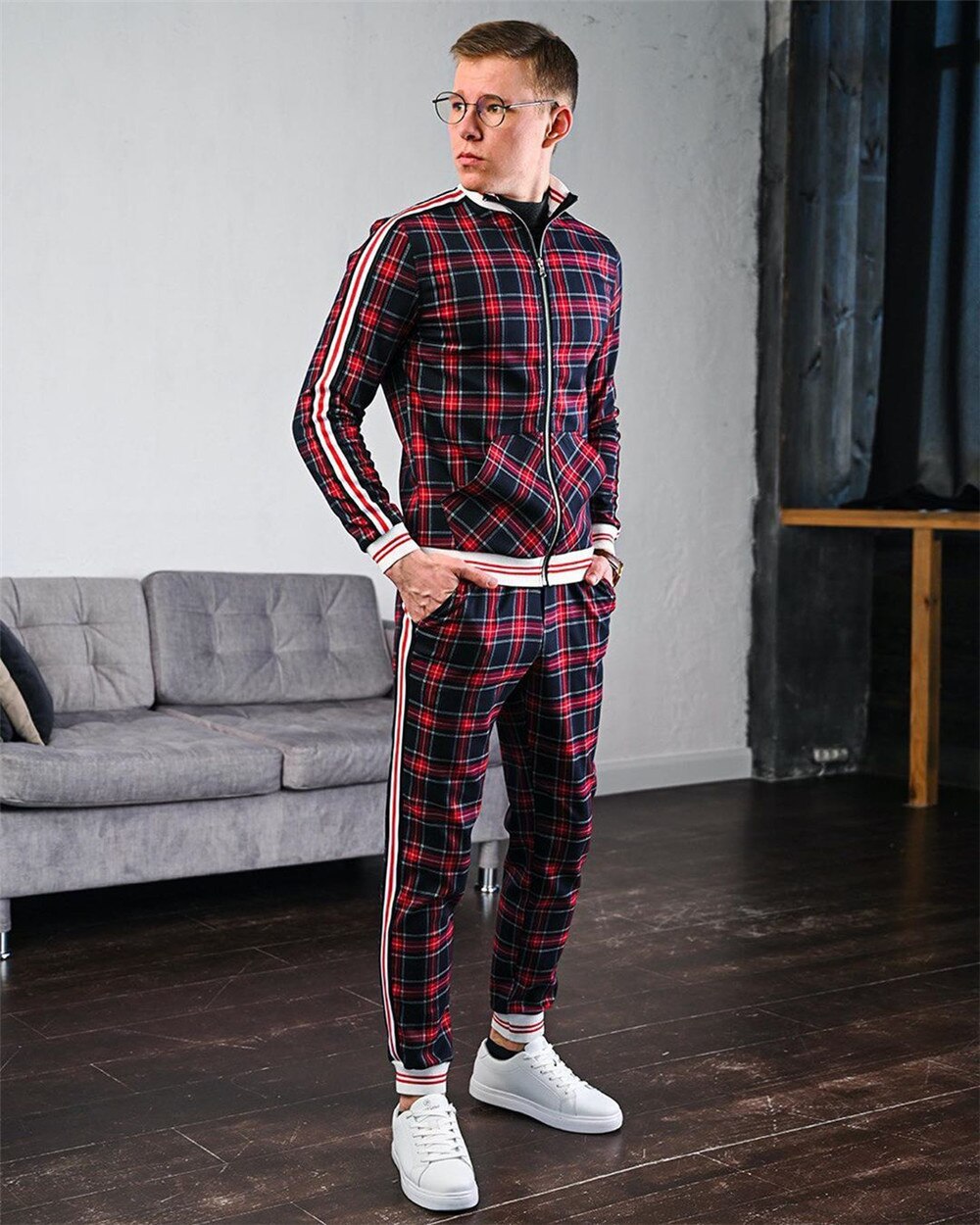 men's tracksuit spring autumn fashion Plaid tracksuit casual two piece set men's sports suit men's clothing men sets