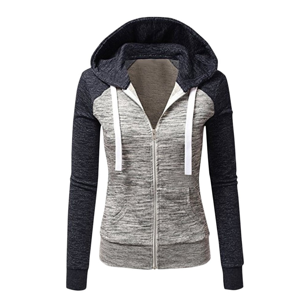 Vestes à capuche Patchwork femmes à capuche fermeture éclair en Polyester poche manteau décontracté cordon sweat-shirts femme vêtements d'extérieur