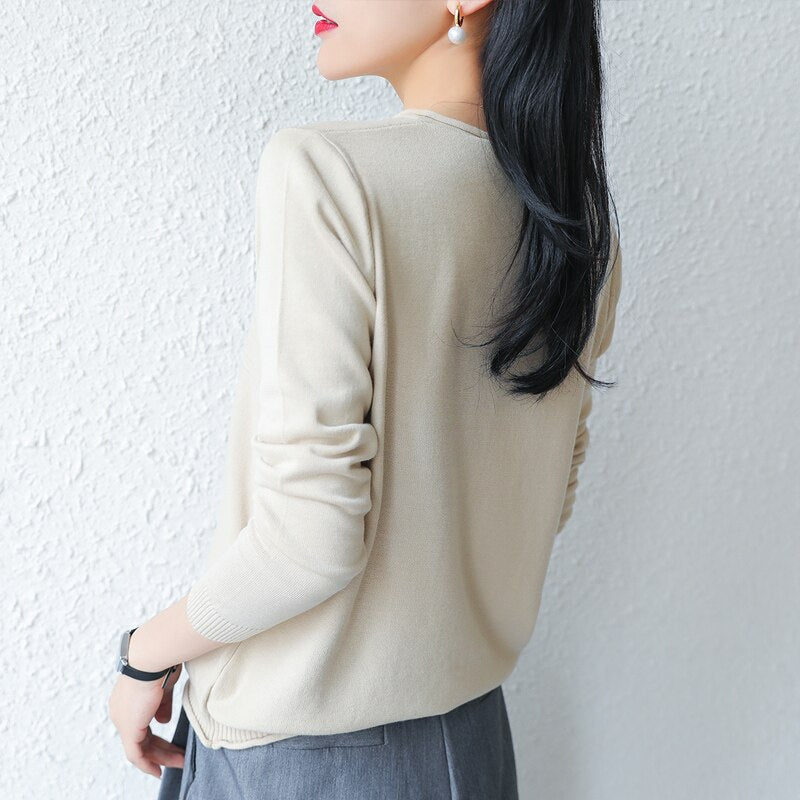 LITVRIYH New Women Sweater 100% Cotton Knitted Sweater Women Pullover V-Neck Long Sleeve Female Pullover Pull Femme Jumper Tops