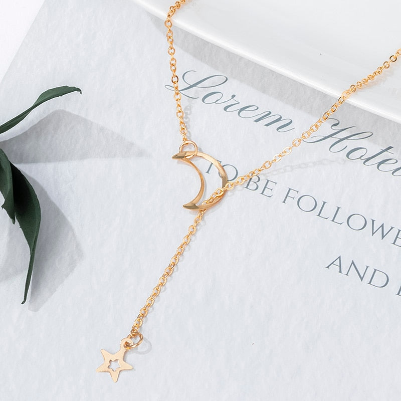 POXAM New Fashion Trendy Jewelry Copper Alloy Star Moon Chain Link Necklaces & Pendants For Women Girl 2020 Jewelry Wholesale