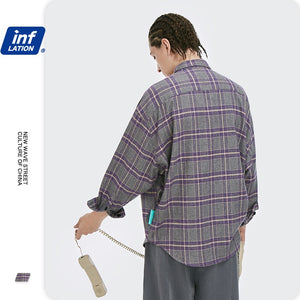 INFLATION Harajuku Plaid Shirt Men рубашка 2020 Autumn Loose Casual Long Sleeve Shirt Men Cotton Hip Hop Checked Shirt Male2080W