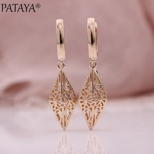 PATAYA New 585 Rose Gold Long Dangle Earrings Women Hollow Earrings Pattern Conical Simple Wedding Party Fine Fashion Jewelry