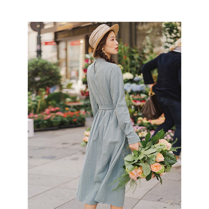 INMAN Spring Autumn Retro Lace Stand up Collar Jacquard Cotton Defined Waist A-line Solid Romantic Women Dress