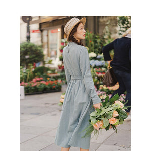 INMAN Spring Autumn Retro Lace Stand up Collar Jacquard Cotton Defined Waist A-line Solid Romantic Women Dress