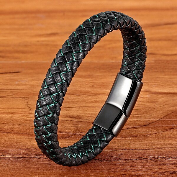New Men Jewelry Punk Black Blue Braided Leather Bracelet for Men Stainless Steel Magnetic Clasp Fashion Bangles Gifts 6 Colors