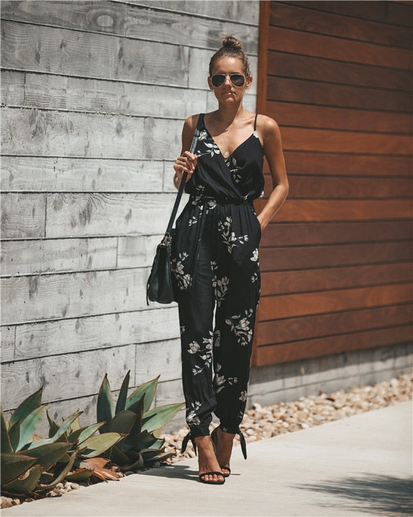 Été printemps femmes Sexy dos ouvert col en v profond fronde coton longues barboteuses femmes combinaison cordon fleur femmes vêtements