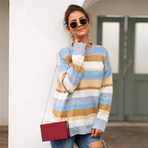 women pullover sweater Plus Size Women Knitted Patchwork Stripe Long Sleeve O-Neck Sweater Top chandail femme свитер зима#XB40