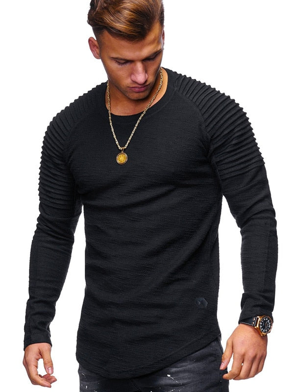 Hot 2020 Solid Color Sleeve Pleated Patch Detail Long Sleeve T-Shirt Men Spring Casual Tops Pullovers Fashion Slim Basic Tops