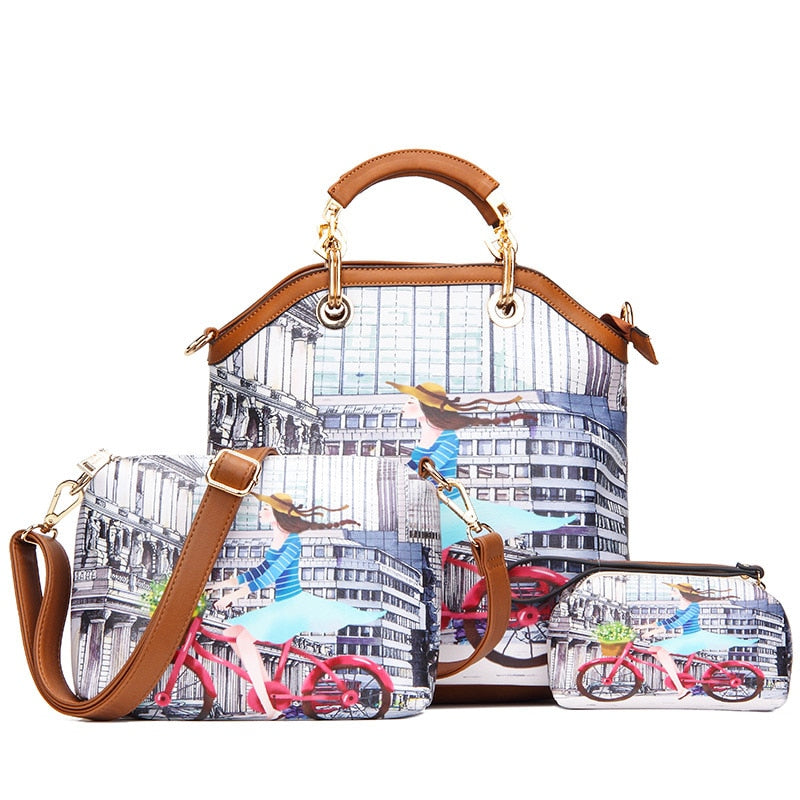 REALER woman 3 pcs printed handbag women large tote bag artificial leather shoulder messenger bags female small coin purse