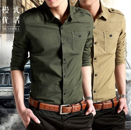 Men's Army Long Sleeve Slim Shirts