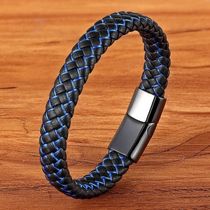 New Men Jewelry Punk Black Blue Braided Leather Bracelet for Men Stainless Steel Magnetic Clasp Fashion Bangles Gifts 6 Colors