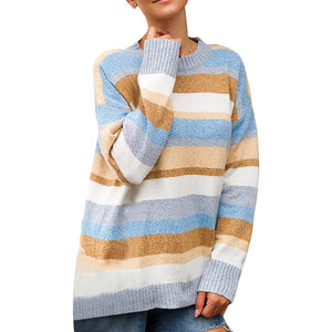 women pullover sweater Plus Size Women Knitted Patchwork Stripe Long Sleeve O-Neck Sweater Top chandail femme свитер зима#XB40