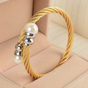 New Women Cable Bangles Gold 316l Stainless Steel Bracelet Fashion Pearl Jewelry