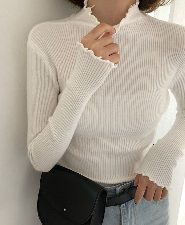 Turtleneck Ruched Women Sweater High Elastic Solid 2020 Fall Winter Fashion Sweater Women Slim Sexy Knitted Pullovers Pink White