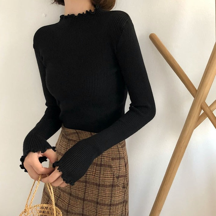 Turtleneck Ruched Women Sweater High Elastic Solid 2020 Fall Winter Fashion Sweater Women Slim Sexy Knitted Pullovers Pink White