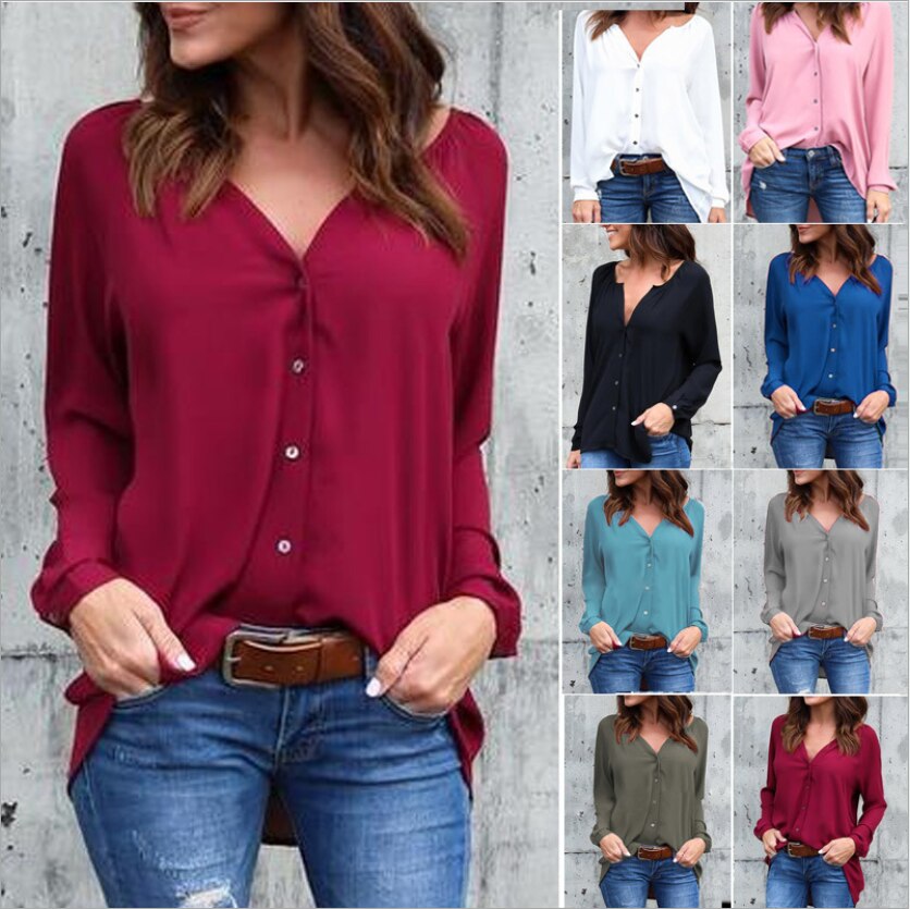 Plus Size 5XL Women's Blouse Long Sleeve Blusas Mujer De Moda 2019 V Neck Women's Shirt Shein Casual Button Chiffon Blouse Tops