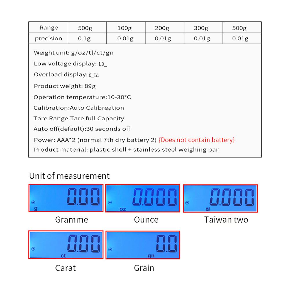 High Precision Balance Gold Jewelry Scale 0.1g 0.01gx100/200/300/500g Mini Pocket Scale Food Scales for Kitchen