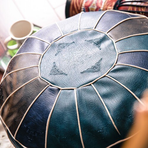 Moroccan PU Leather Pouf Embroider Craft Hassock Ottoman Footstool Round  Large 50*50*25cm  Artificial Leather Unstuffed Cushion