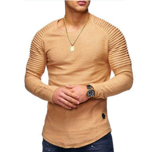 Hot 2020 Solid Color Sleeve Pleated Patch Detail Long Sleeve T-Shirt Men Spring Casual Tops Pullovers Fashion Slim Basic Tops