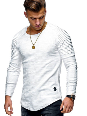 Hot 2020 Solid Color Sleeve Pleated Patch Detail Long Sleeve T-Shirt Men Spring Casual Tops Pullovers Fashion Slim Basic Tops