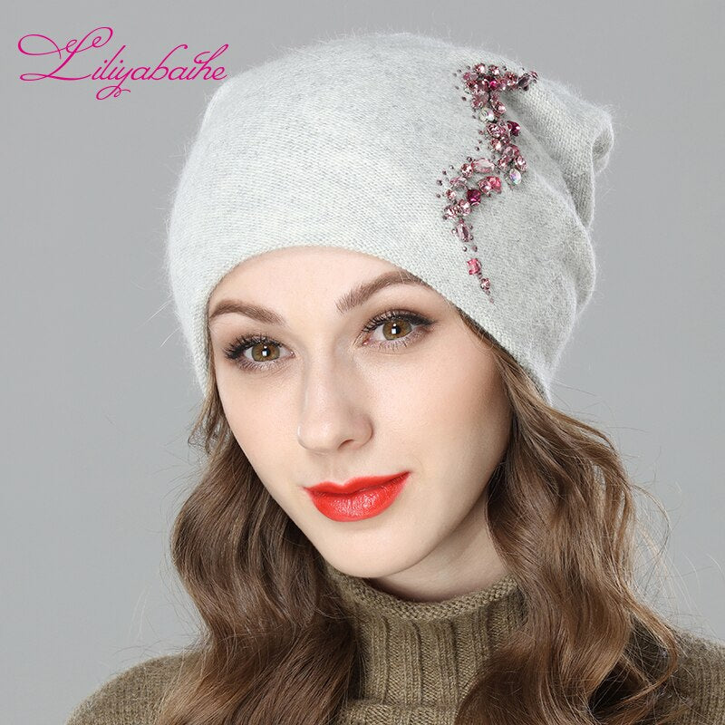 LILIYABAIHE Women Autumn And Winter Hat angora Knitted Skullies Beanies Cap Sexy beard diamond decoration hats for Girls