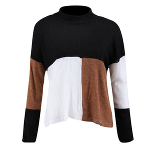 Hxroolrp Women Colorblock Stand Long Sleeve Knitted Sweater Jumper Pullover Top Blouse Chandail Femme Pullover Amazing 20