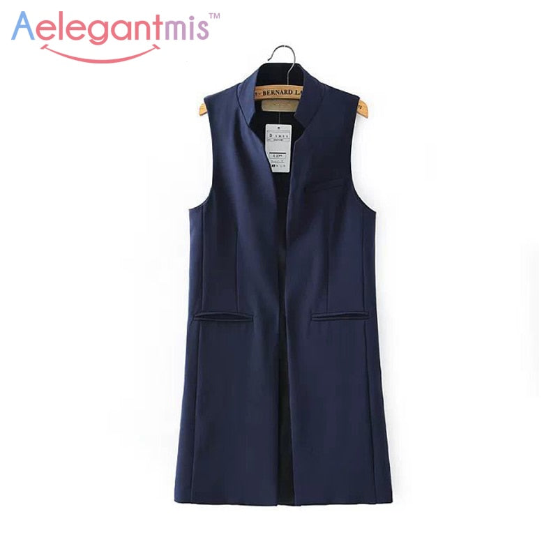 Aelegantmis Stand Collar Fashion Black Blazer Vest Women Long Waistcoat OL Elegant Cardigan Sleeveless Coat Ladies Back Slit
