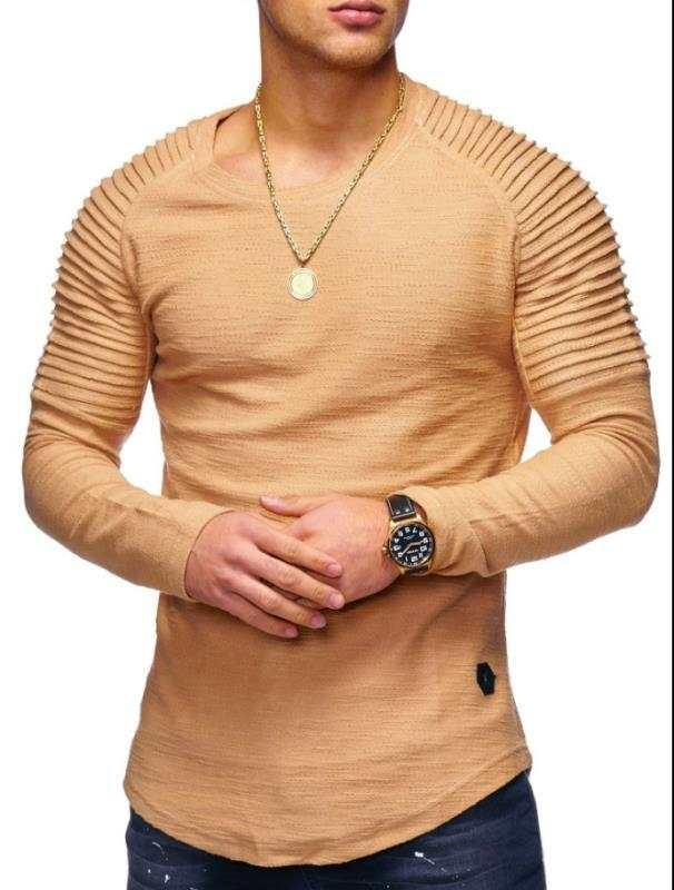 Hot 2020 Solid Color Sleeve Pleated Patch Detail Long Sleeve T-Shirt Men Spring Casual Tops Pullovers Fashion Slim Basic Tops
