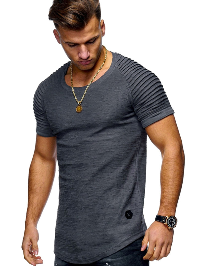 Hot 2020 Solid Color Sleeve Pleated Patch Detail Long Sleeve T-Shirt Men Spring Casual Tops Pullovers Fashion Slim Basic Tops