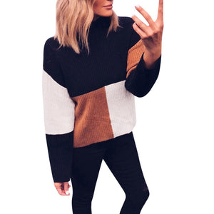 Hxroolrp Women Colorblock Stand Long Sleeve Knitted Sweater Jumper Pullover Top Blouse Chandail Femme Pullover Amazing 20