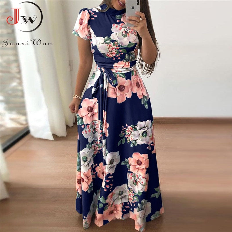 Women Summer Maxi Dress 2021 Casual Short Sleeve Boho Floral Print Long Dress Turtleneck Bandage Elegant Party Dresses Vestidos