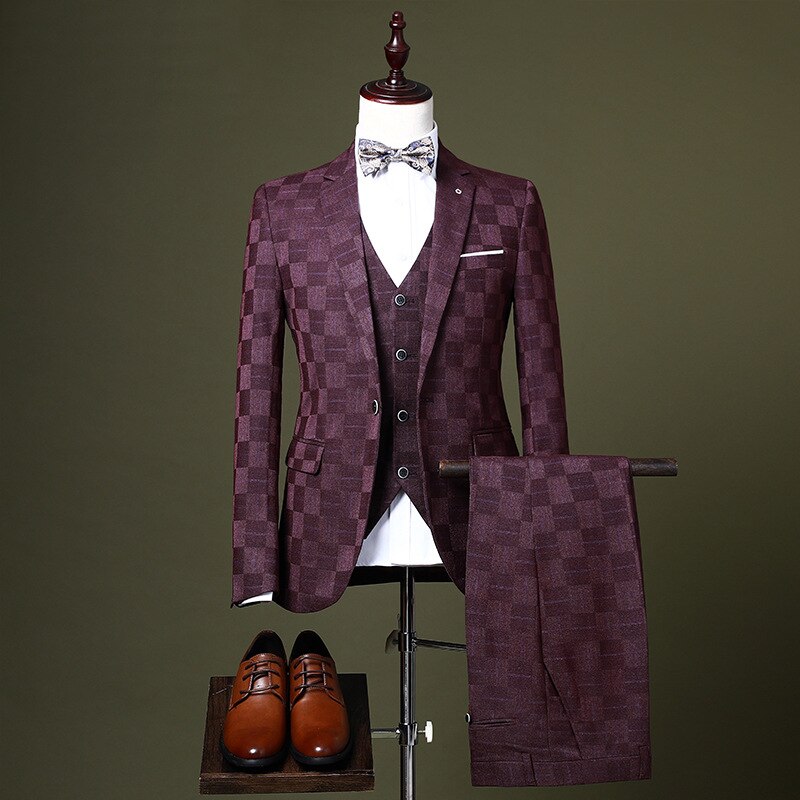 HO 2020 men groom wedding dress Youth shadow grid of cultivate one's morality leisure suit a three-piece suit