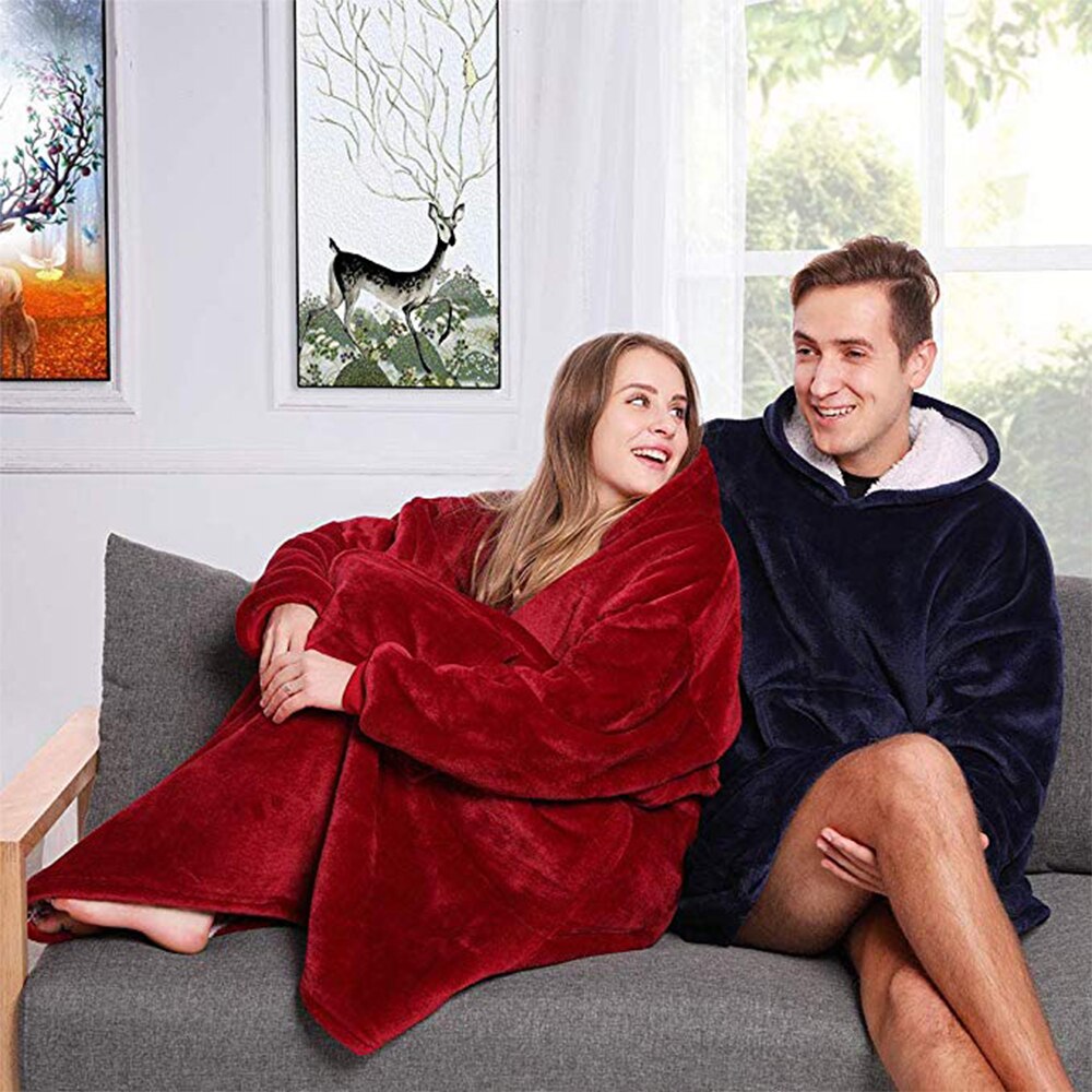 Microfiber Plush Coral Fleece Sherpa Blanket With Sleeves Super Soft Warm Outdoor Pocket Hoodie Adult Winter Hooded TV Blankets