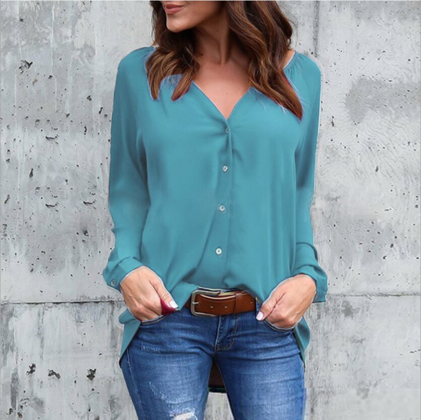 Plus Size 5XL Women's Blouse Long Sleeve Blusas Mujer De Moda 2019 V Neck Women's Shirt Shein Casual Button Chiffon Blouse Tops
