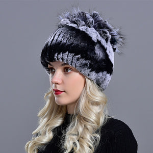 Raglaido Fur Hats for Women Winter Real Rex Rabbit Hat Fox fur kniting female warm snow caps ladies elegant princess beanies cap
