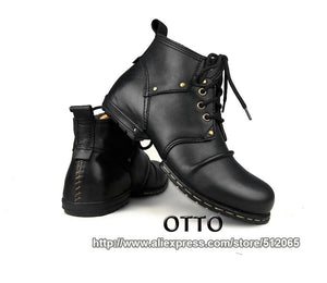 OTTO Top Quality Handmade High Shoes Boots Rivet Spring Boots With Fur Genuine Cow Leather Men's Fashion Shoes Free Shipping