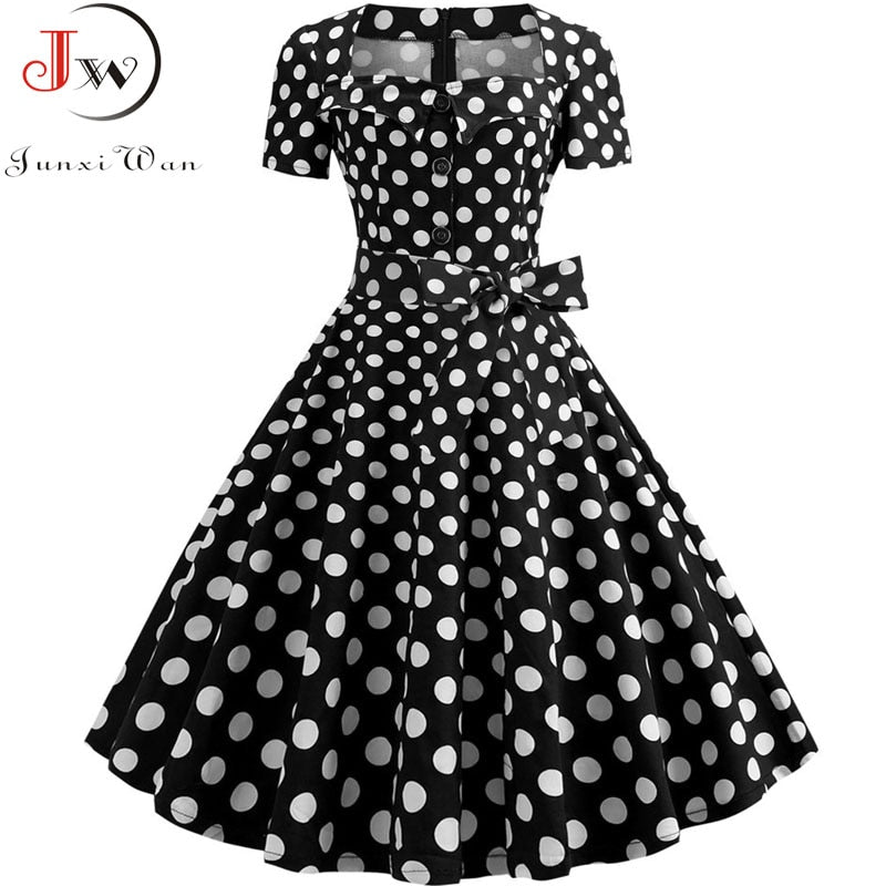 Plus Size Women Vintage Dress Summer 50s 60s Retro Pin Up Swing Rockabilly Vestidos Elegant Black Polka Dot Office Party Dress
