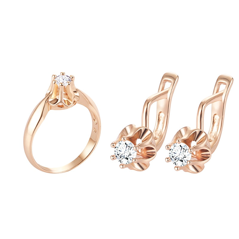 FJ Big Sales 3 Style Women Blue/White Stone Jewelry Sets 585 Gold Color Cubic Zircon Flowers Earrings+Rings Jewelry