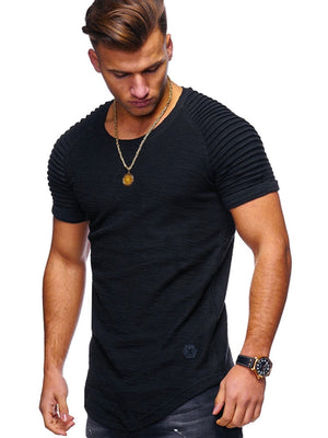 Hot 2020 Solid Color Sleeve Pleated Patch Detail Long Sleeve T-Shirt Men Spring Casual Tops Pullovers Fashion Slim Basic Tops