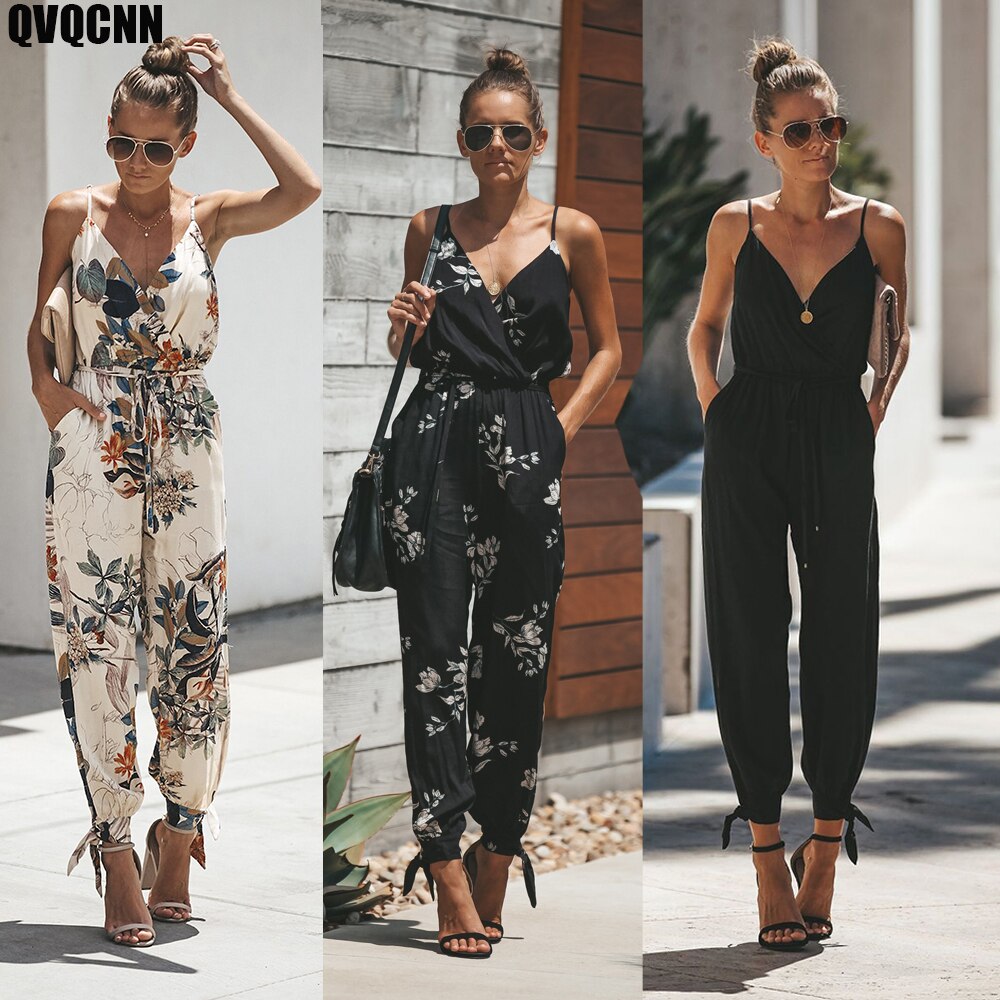 Été printemps femmes Sexy dos ouvert col en v profond fronde coton longues barboteuses femmes combinaison cordon fleur femmes vêtements