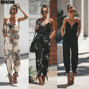 Été printemps femmes Sexy dos ouvert col en v profond fronde coton longues barboteuses femmes combinaison cordon fleur femmes vêtements