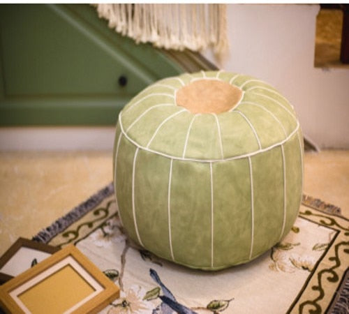Moroccan PU Leather Pouf Embroider Craft Hassock Ottoman Footstool Round  Large 50*50*25cm  Artificial Leather Unstuffed Cushion