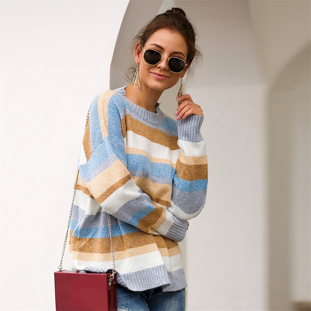women pullover sweater Plus Size Women Knitted Patchwork Stripe Long Sleeve O-Neck Sweater Top chandail femme свитер зима#XB40
