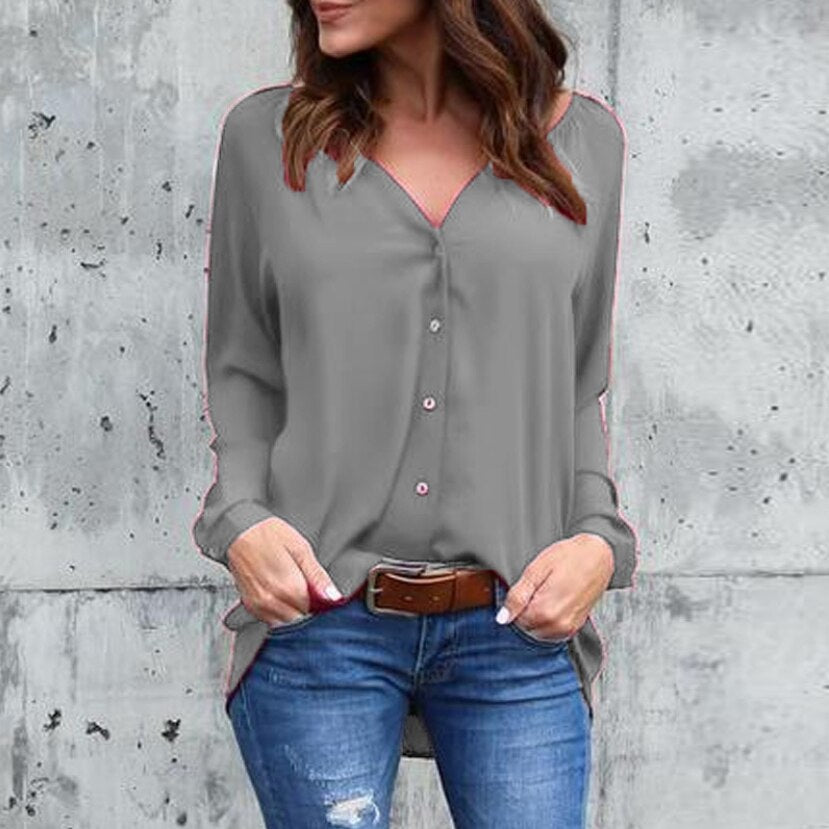 Plus Size 5XL Women's Blouse Long Sleeve Blusas Mujer De Moda 2019 V Neck Women's Shirt Shein Casual Button Chiffon Blouse Tops