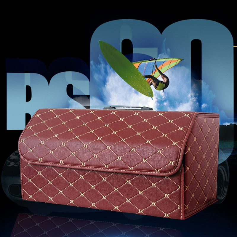 Collapsible Car Trunk Storage Bag Organizer with Lid Portable Car Storage Stowing Tidying PU Leather Auto Trunk Box Organizer